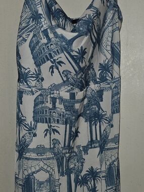 Forever21 Blue and White Italian Tropical Printed Slip Dress Parrots Cockatoos M